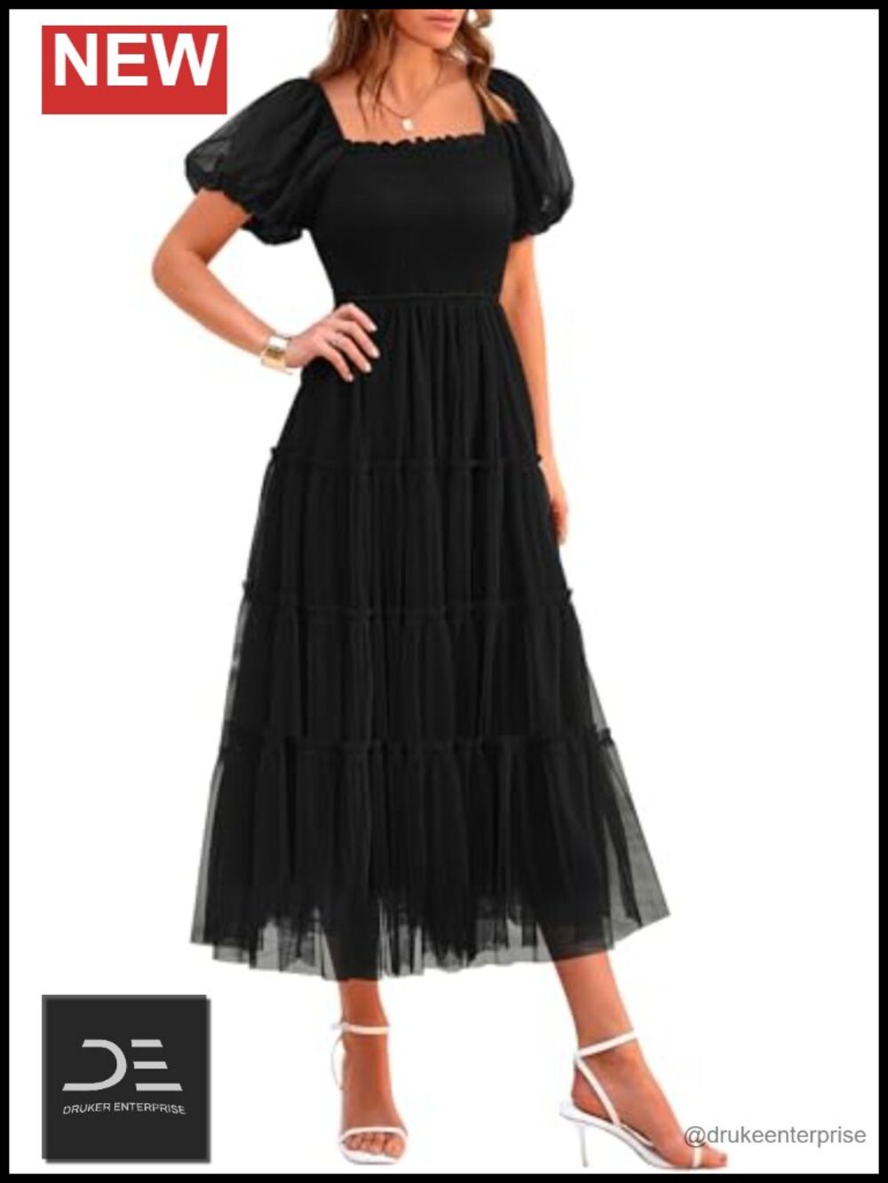 Smocked Midi Tulle Dress Square Neck Puff Sleeve Fit Flare Party